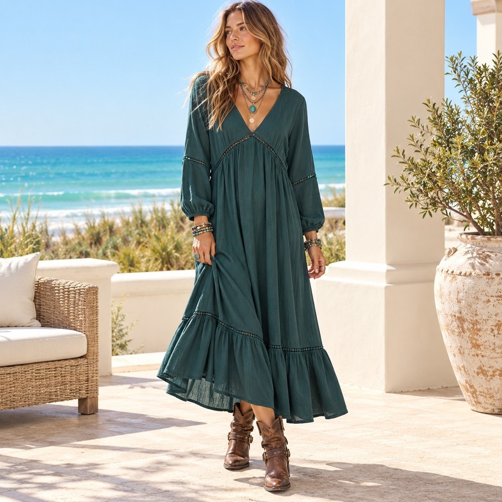 Earthbound Teal Green Babydoll Maxi Dress Crochet Lace Tiered Boho Whimsigoth